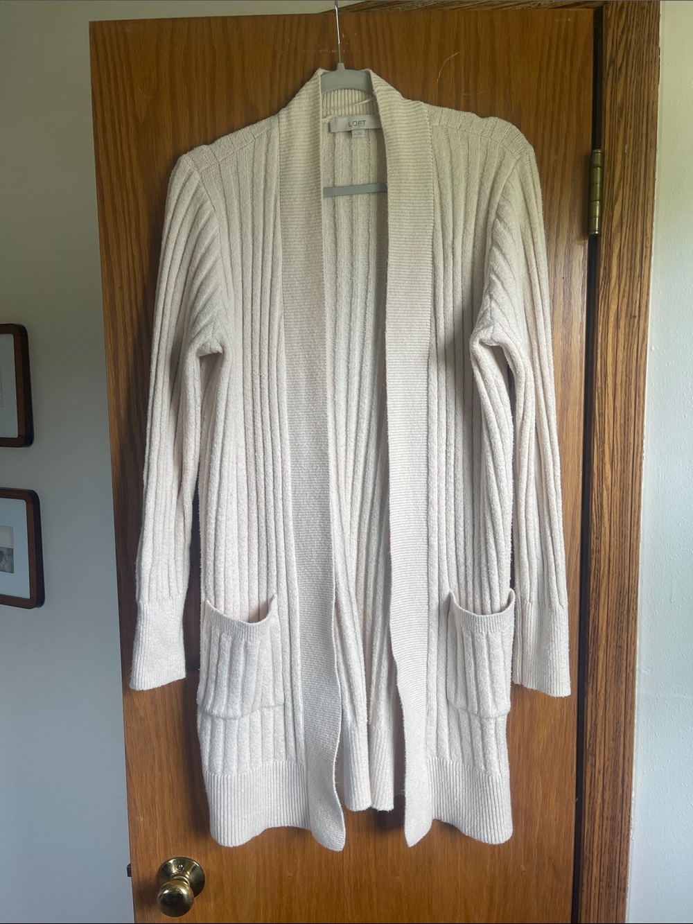 LOFT Cream Open-Front Ribbed Cardigan
